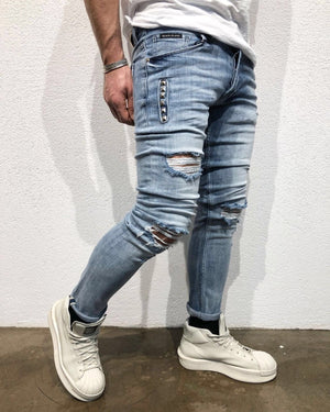 Light Blue Destroyed Slim Fit Denim B62 Streetwear Denim Jeans - Sneakerjeans