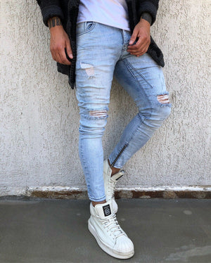 Light Blue Washed Ankle Zip Distressed Skinny Fit Denim B268 Streetwear Jeans - Sneakerjeans
