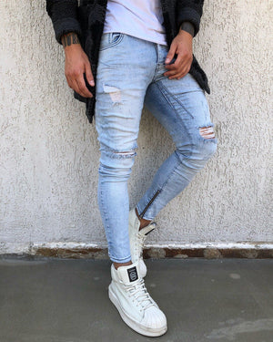 Light Blue Washed Ankle Zip Distressed Skinny Fit Denim B268 Streetwear Jeans - Sneakerjeans