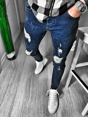 Navy Distressed Ultra Skinny Fit Denim S227 Streetwear Jeans - Sneakerjeans