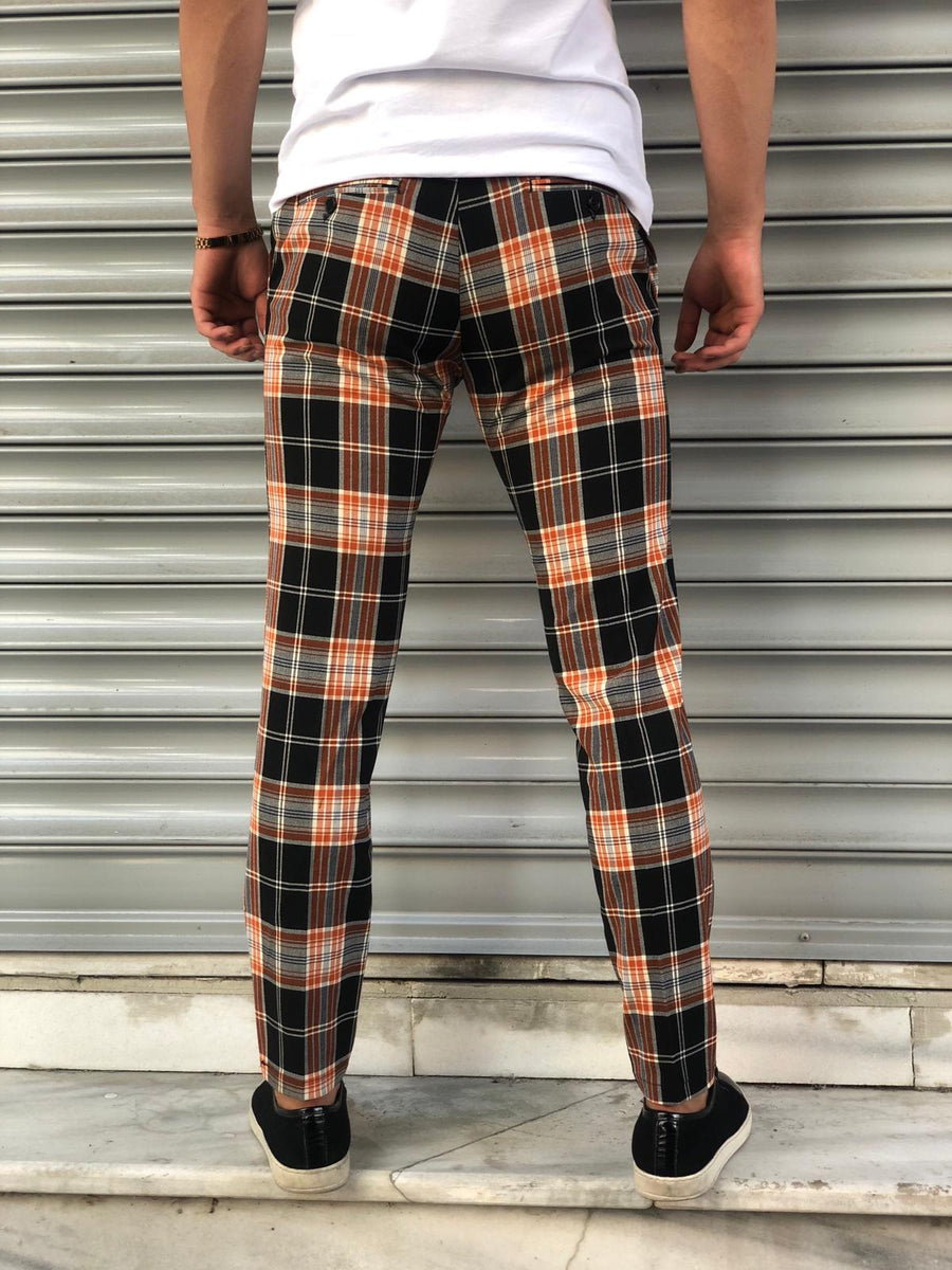 Orange Black Checkered Slim Fit Casual Mens Pant DJ171 Mens Pant
