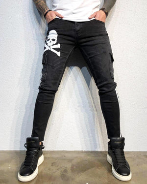 Skull Printed Cargo Pocket Ultra Skinny Fit Denim B331 Streetwear Jeans - Sneakerjeans