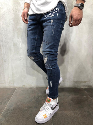Blue Printed Distressed Skinny Fit Denim A260 Streetwear Jeans - Sneakerjeans