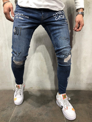 Blue Printed Distressed Skinny Fit Denim A260 Streetwear Jeans - Sneakerjeans
