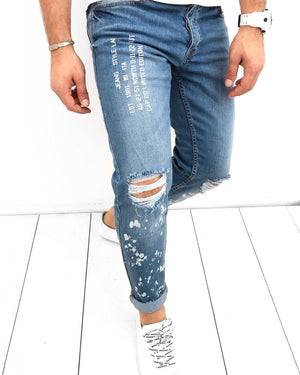 Blue Printed Distressed Skinny Fit Denim KB122 Streetwear Jeans - Sneakerjeans
