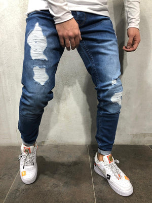 Blue Distressed Skinny Fit Denim A233 Streetwear Jeans - Sneakerjeans