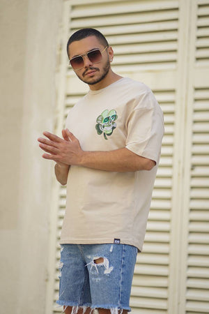 Sneakerjeans Cream Skull Stiched Oversize T-Shirt PE07