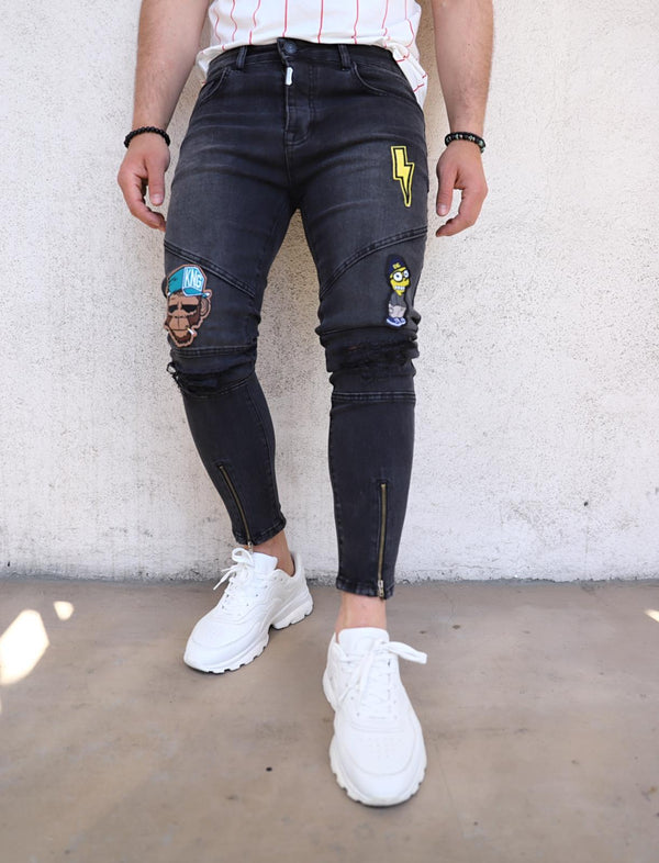 Sneakerjeans Patched Ankle Zip Black Ripped Jeans Ultra Skinny Jeans KB162