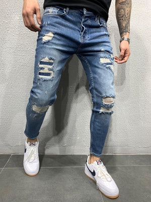 Washed Blue Patched Ripped Skinny Fit Jeans AY646 Streetwear Jeans - Sneakerjeans