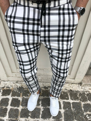 White Checkered Banding Slim Fit Casual Mens Pant DJ167 Mens Pant - Sneakerjeans