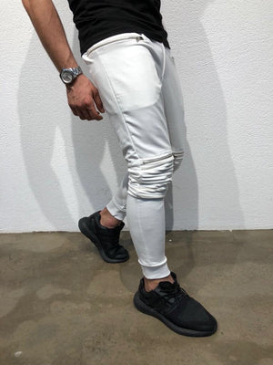 White Knee Side Pocket Zipper Jogger Pant B171 Streetwear Jogger Pants - Sneakerjeans